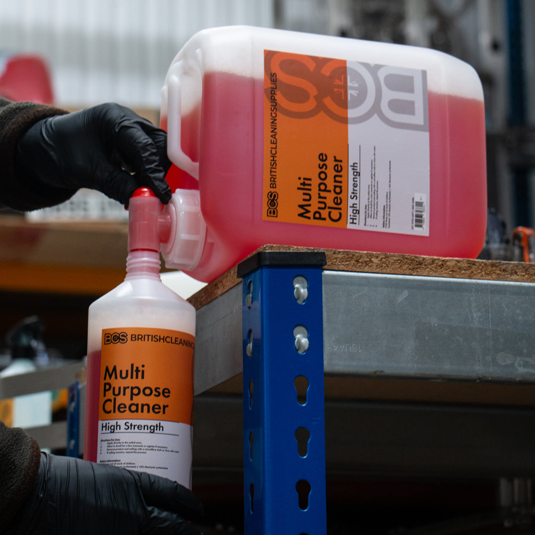 BCS Multi Purpose Cleaner being decanted into a smaller bottle for use.