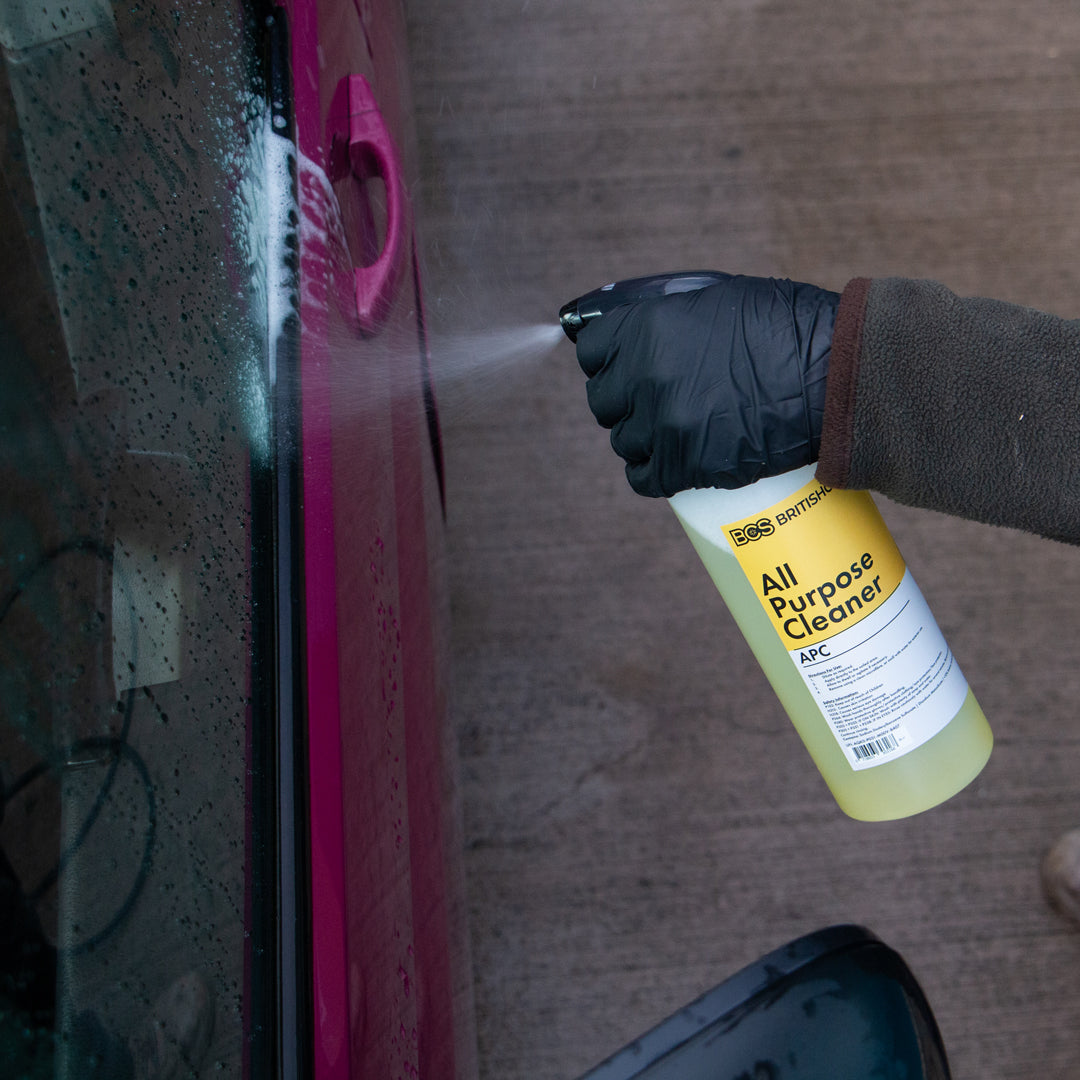 BCS All Purpose Cleaner being sprayed on to car window rubbers