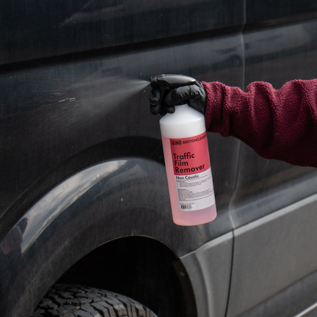 BCS Non-caustic TFR being sprayed onto dirty vehicle.