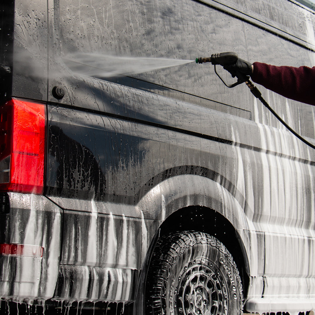 BCS Rinse Wax foam being rinsed from vehicle.
