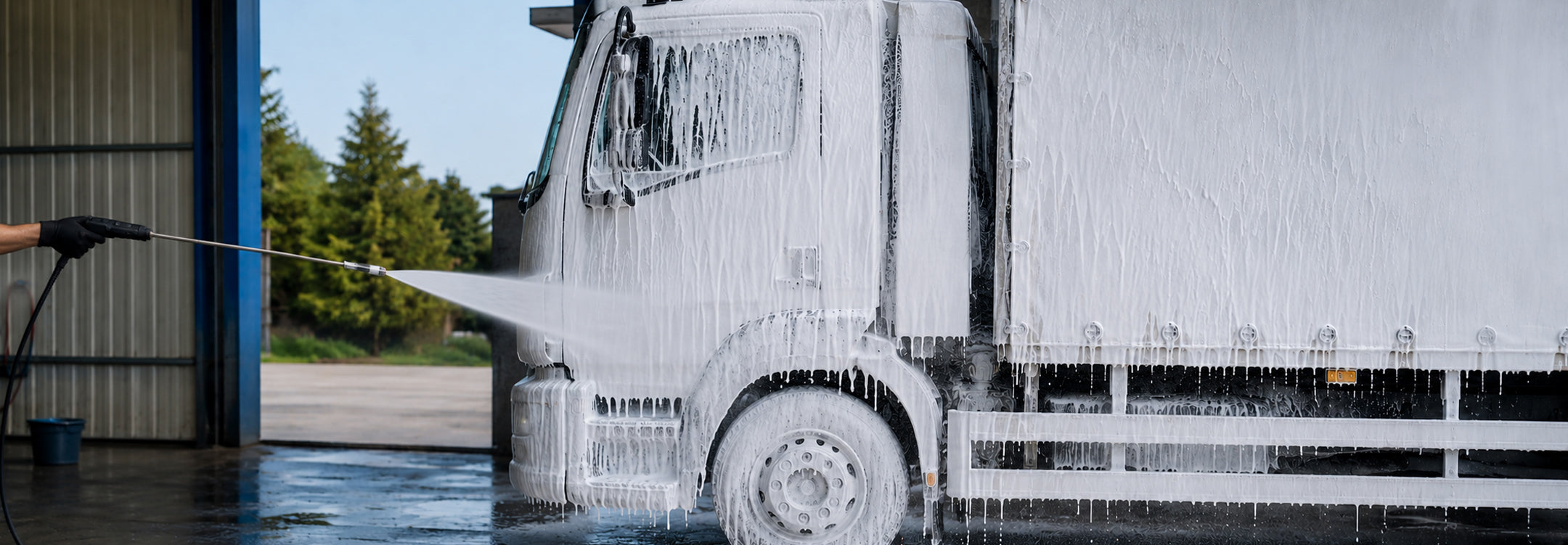 Pressure washer rinsing snow foam from commercial truck