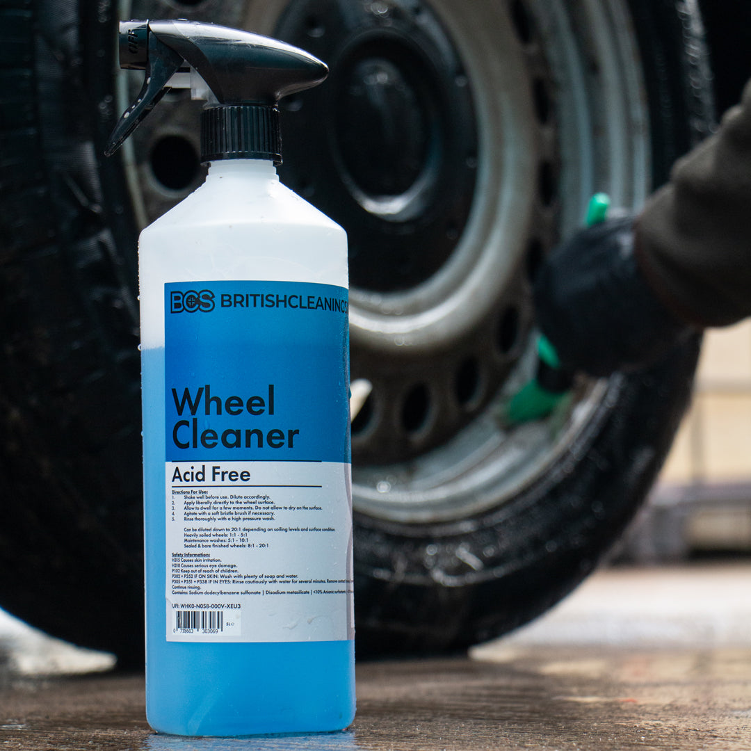 BCS Acid Free Wheel Cleaner in front of person cleaning a dirty wheel.