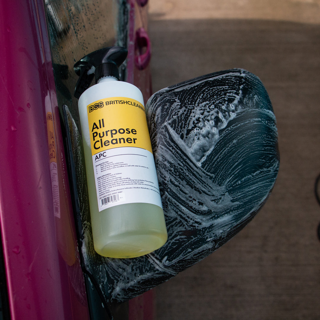 Foam produced by all purpose cleaner on plastic car mirror cap