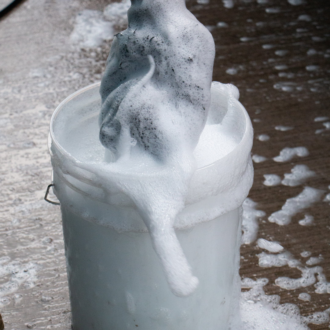 Wash mitt emerging from a wash bucket containing BCS Shampoo with Wax