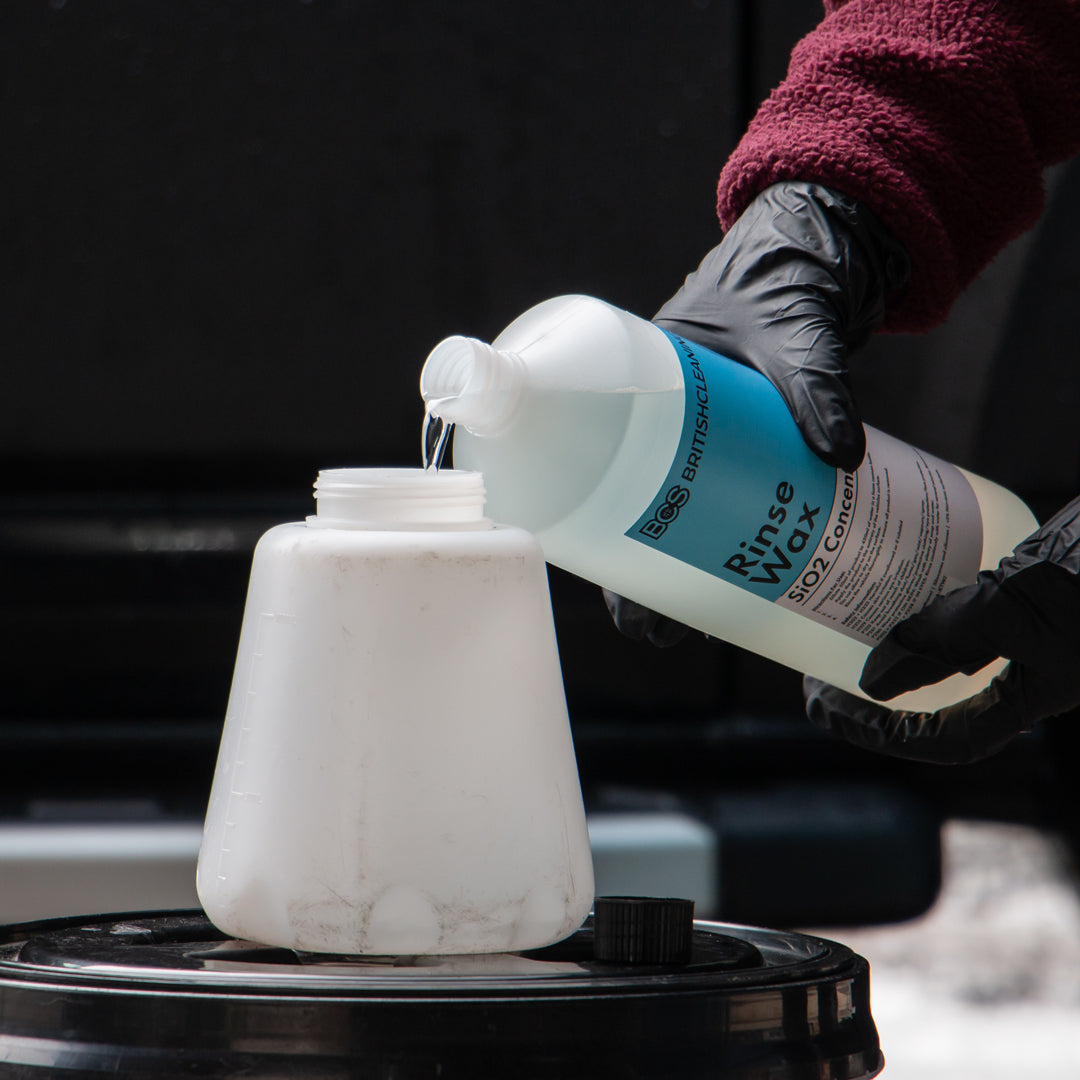 BCS Rinse wax being decanted into a snow foam lance.