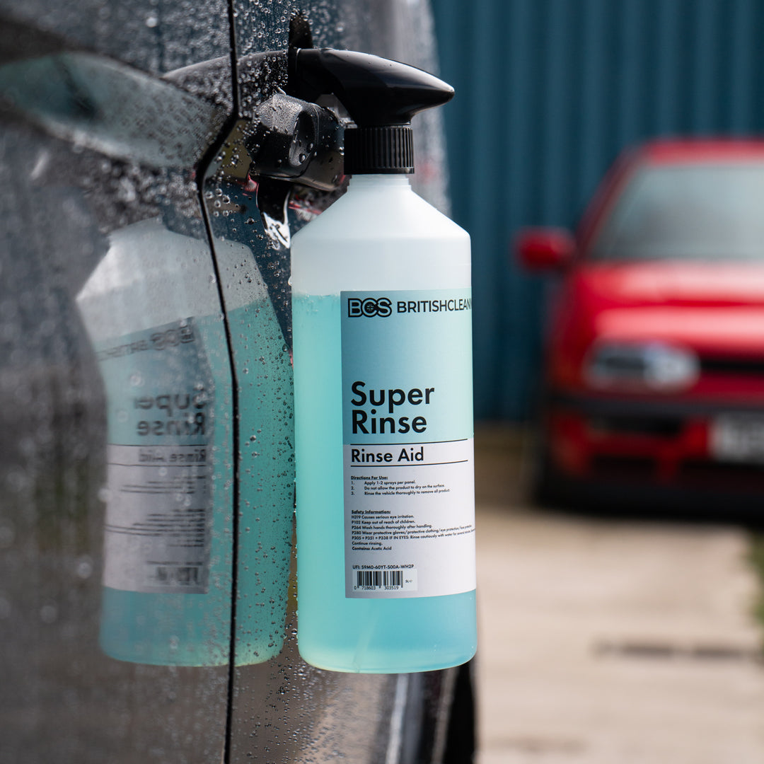 BCS Super rinse next to the water beads it creates with protection.